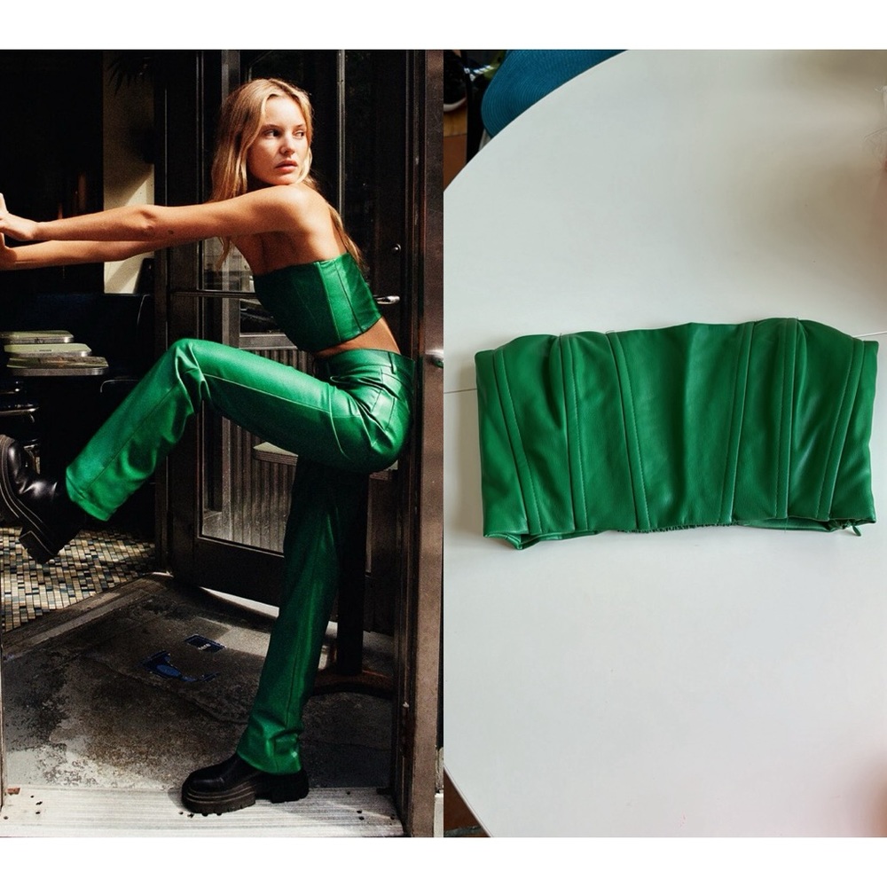 Zara FAUX LEATHER CROP TOP, green, Size S